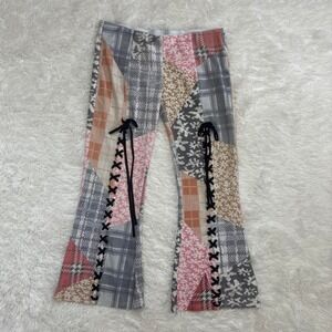 GRUNGE FLORAL PLAID  PUNK PATCHWORK FLARED TUNNEL VISION PANTS ROCK STAR STYLE